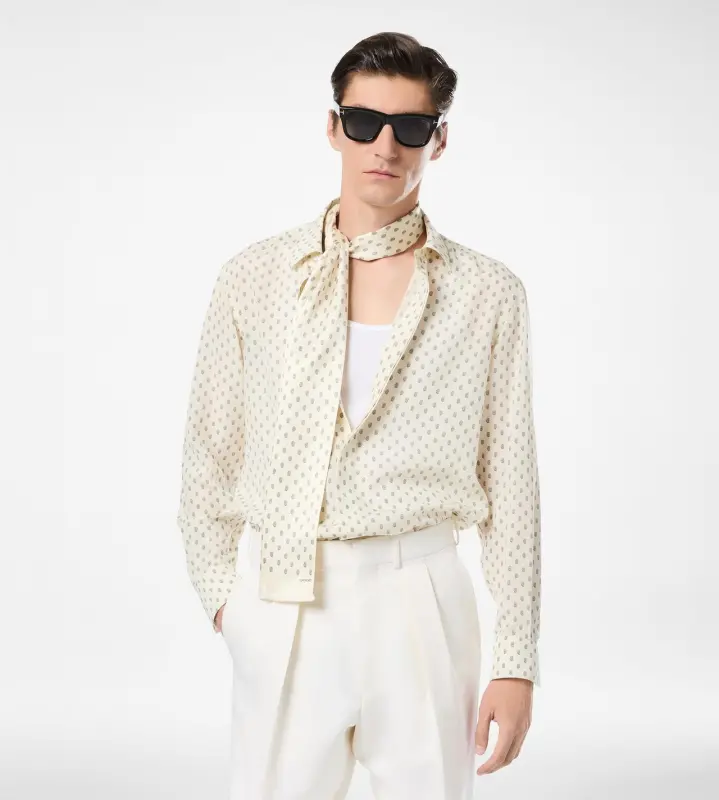 CREPE DE CHINE PAISLEY PRINT FLUID FIT SHIRT WHITE & BLUE online